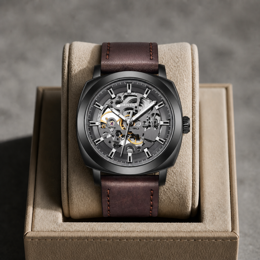 Montre homme squelette noire à bracelet marron posée dans un écrin en cuir beige