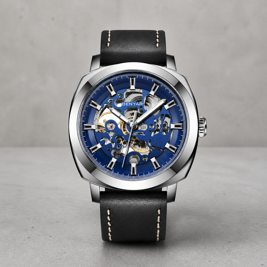 Montre homme squelette à boîtier acier et cadran bleu profond sur fond de béton gris clair