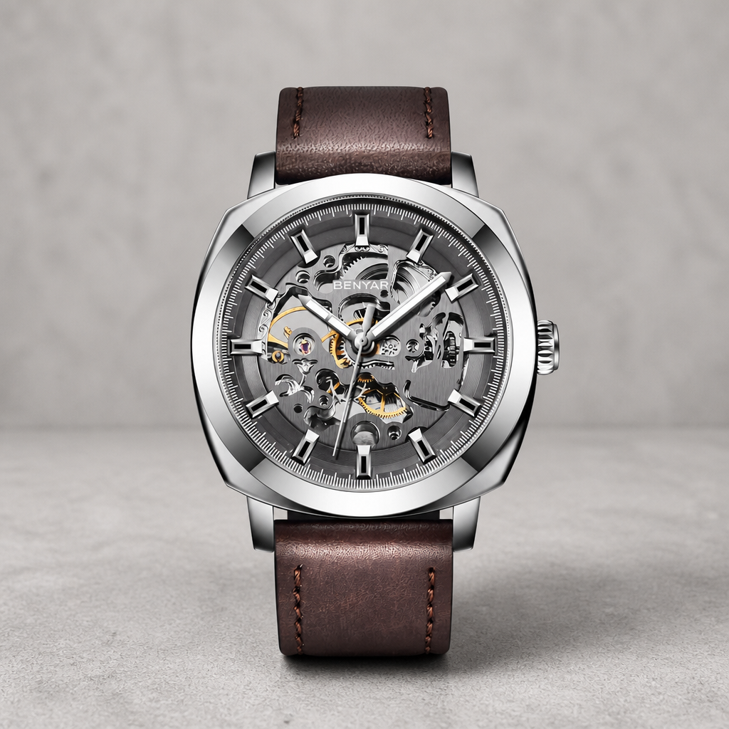 Montre homme squelette à boîtier acier et bracelet cuir marron sur fond de béton gris clair