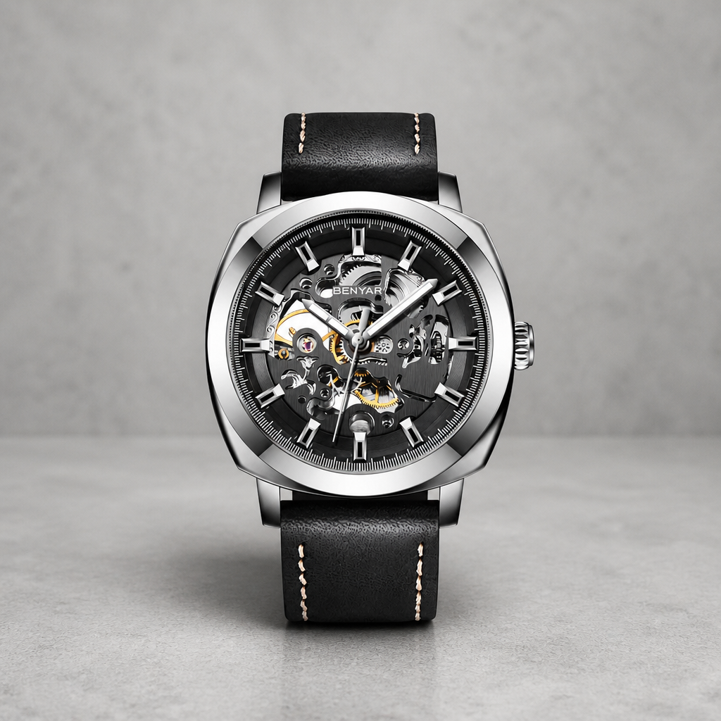 Montre homme squelette à boîtier acier et cadran noir, bracelet cuir noir, sur fond de béton