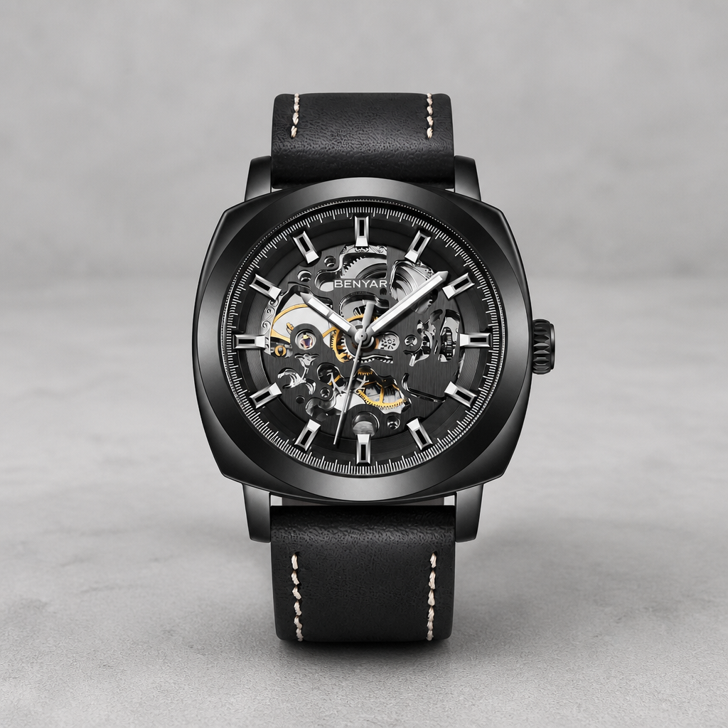 Montre homme squelette entièrement noire à bracelet cuir sur fond de béton gris clair