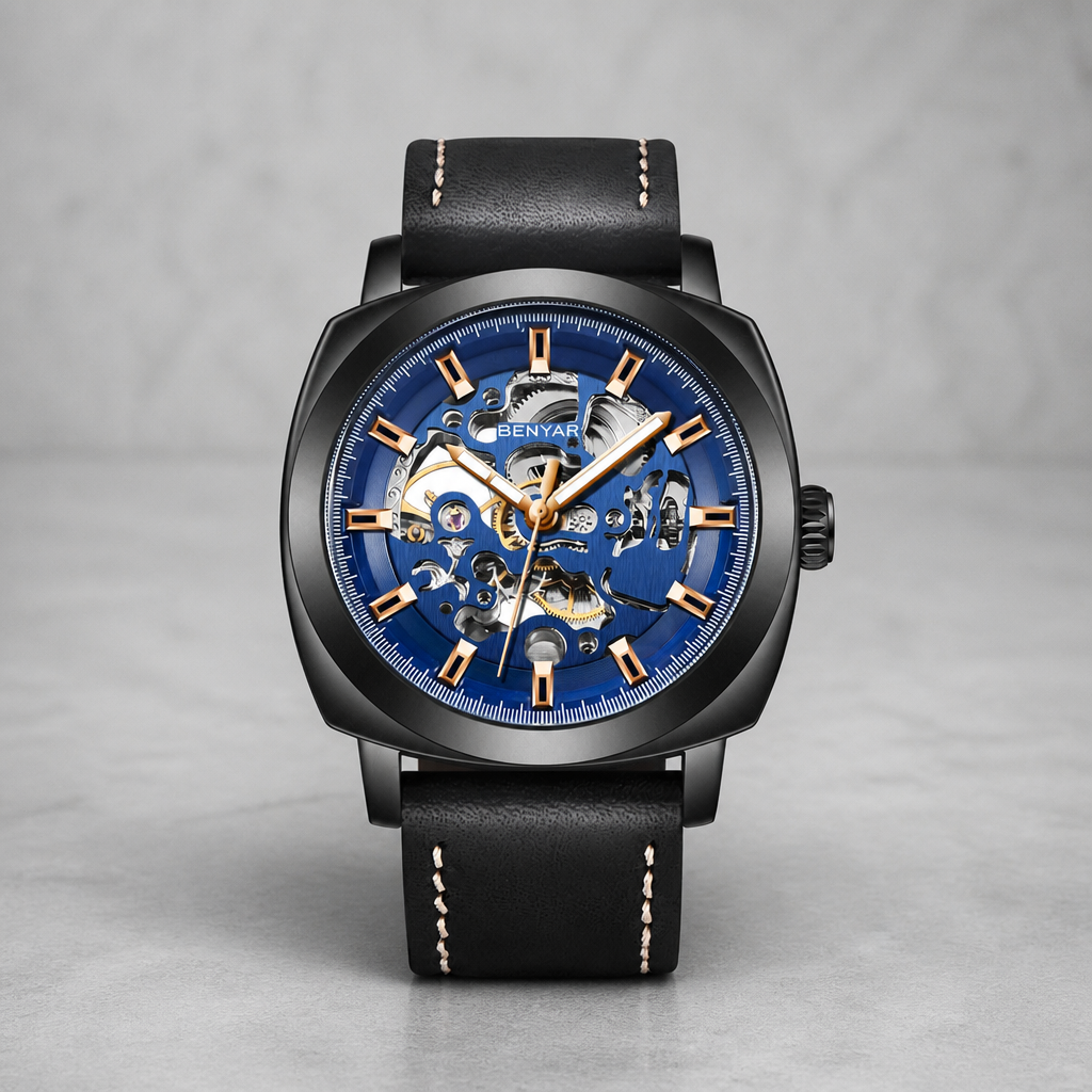 Montre homme squelette à boîtier noir et cadran bleu sur fond de béton gris clair