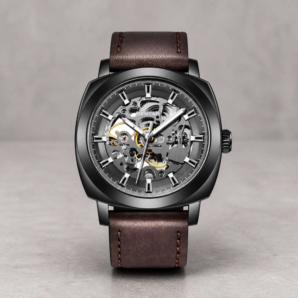 Montre homme squelette à boîtier noir et bracelet cuir marron sur fond de béton gris clair