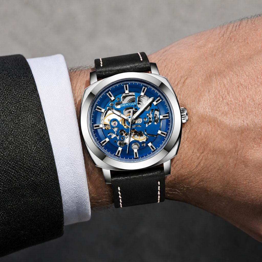 Montre homme squelette acier à cadran bleu portée au poignet