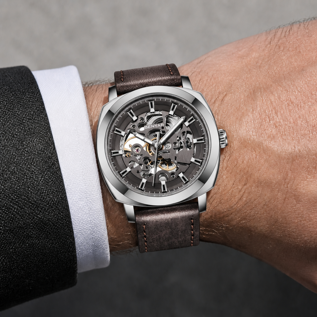 Montre homme squelette acier à bracelet cuir marron portée au poignet