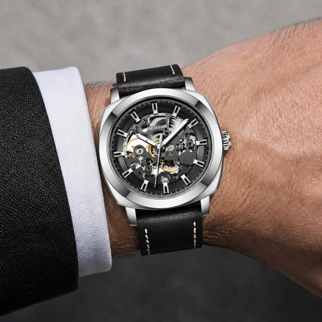 Montre homme squelette acier et noire portée au poignet sous une manche de veste