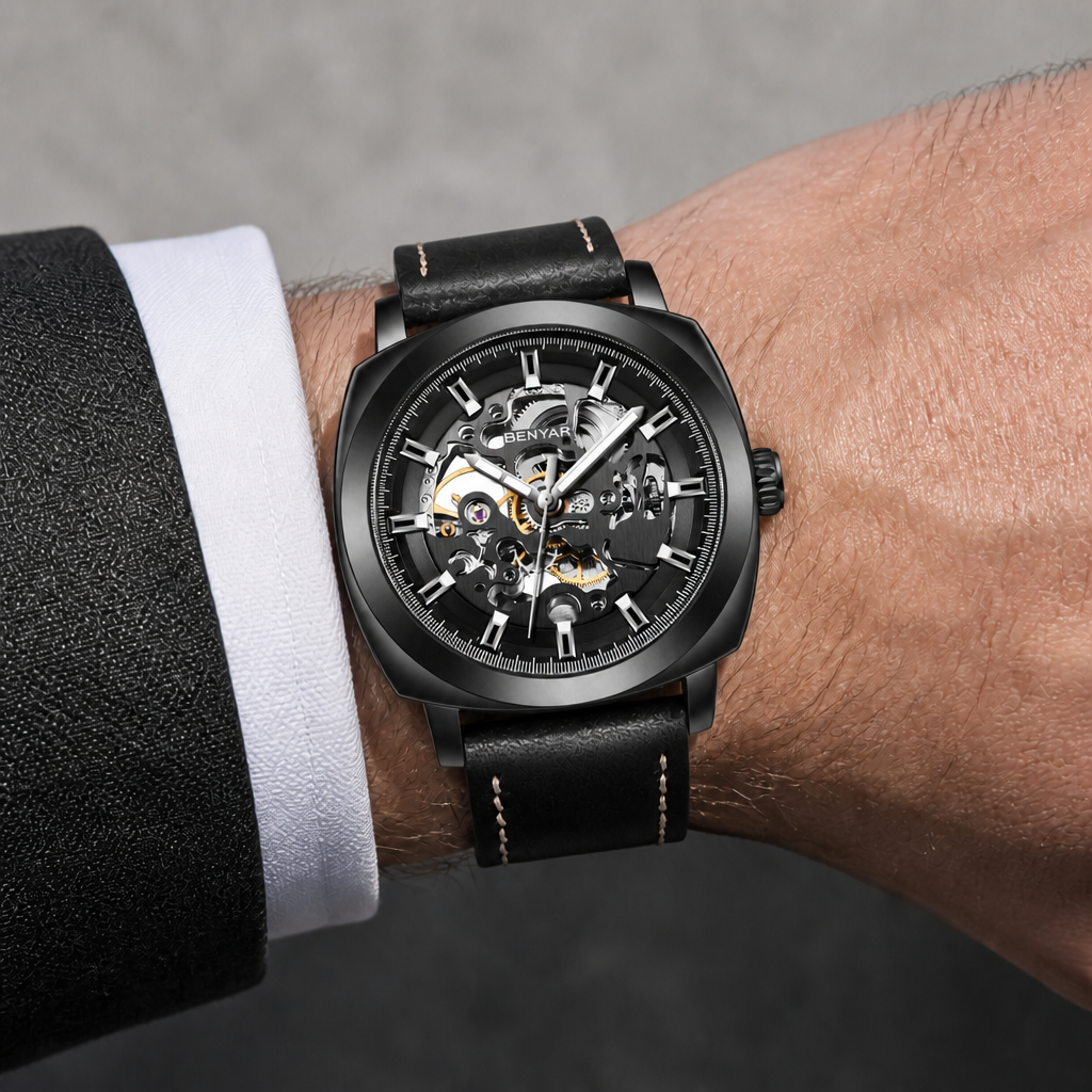 Montre homme squelette noire à bracelet cuir portée au poignet