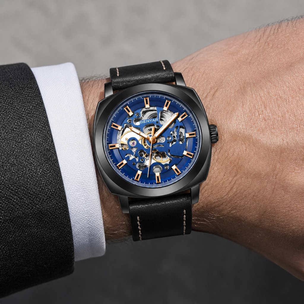 Montre homme automatique squelette à cadran bleu portée au poignet, boîtier noir et bracelet cuir