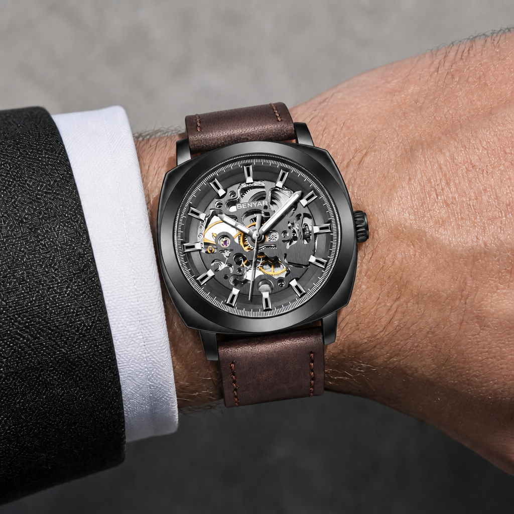 Montre homme squelette noire à bracelet cuir marron portée au poignet