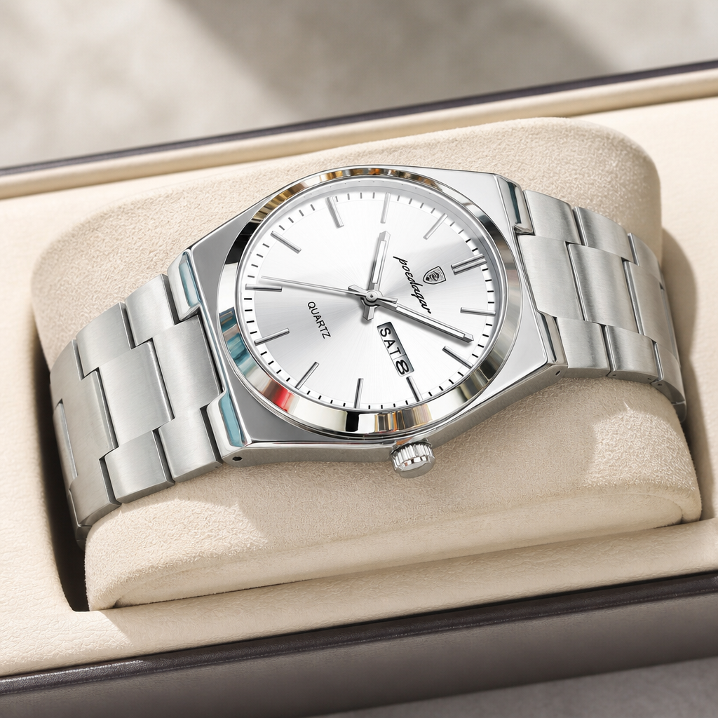 Montre homme bracelet acier argent dans son écrin en cuir beige