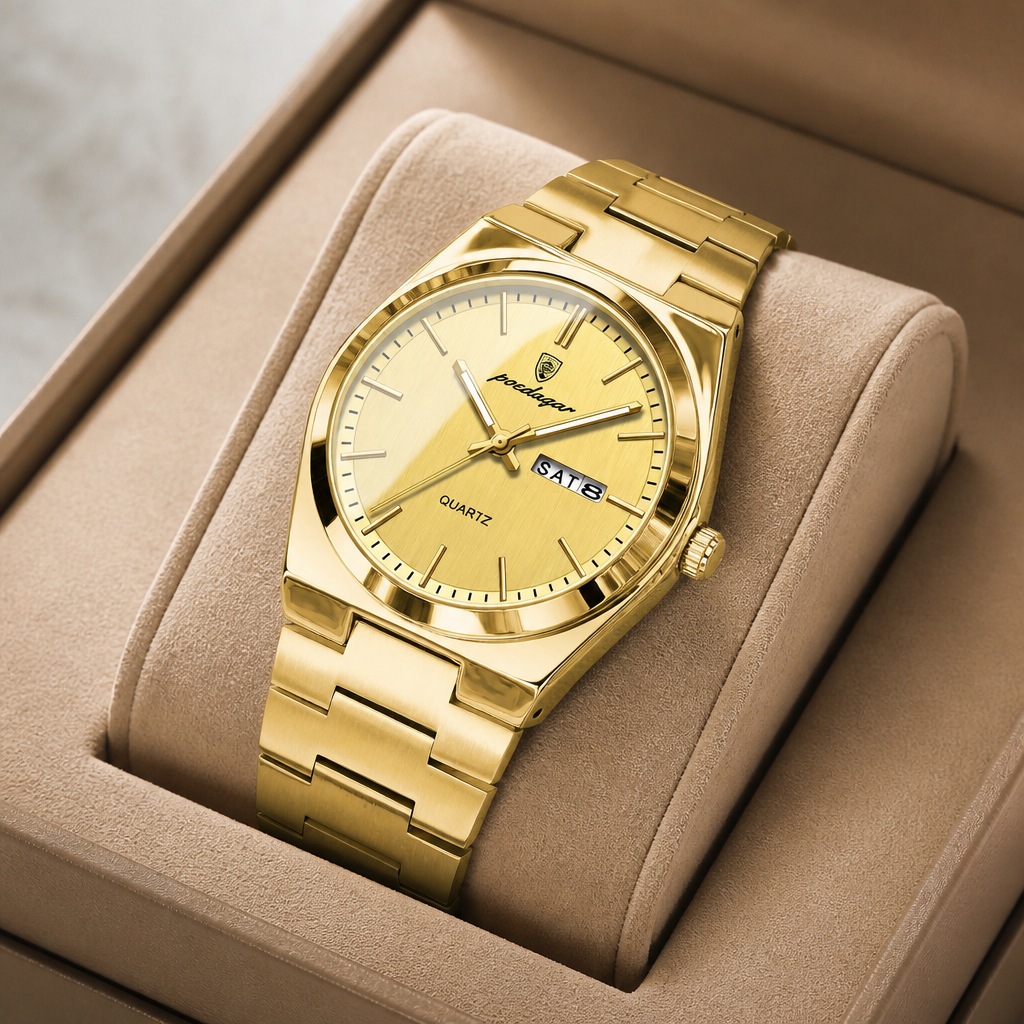 Montre homme bracelet acier doré dans son écrin en cuir beige