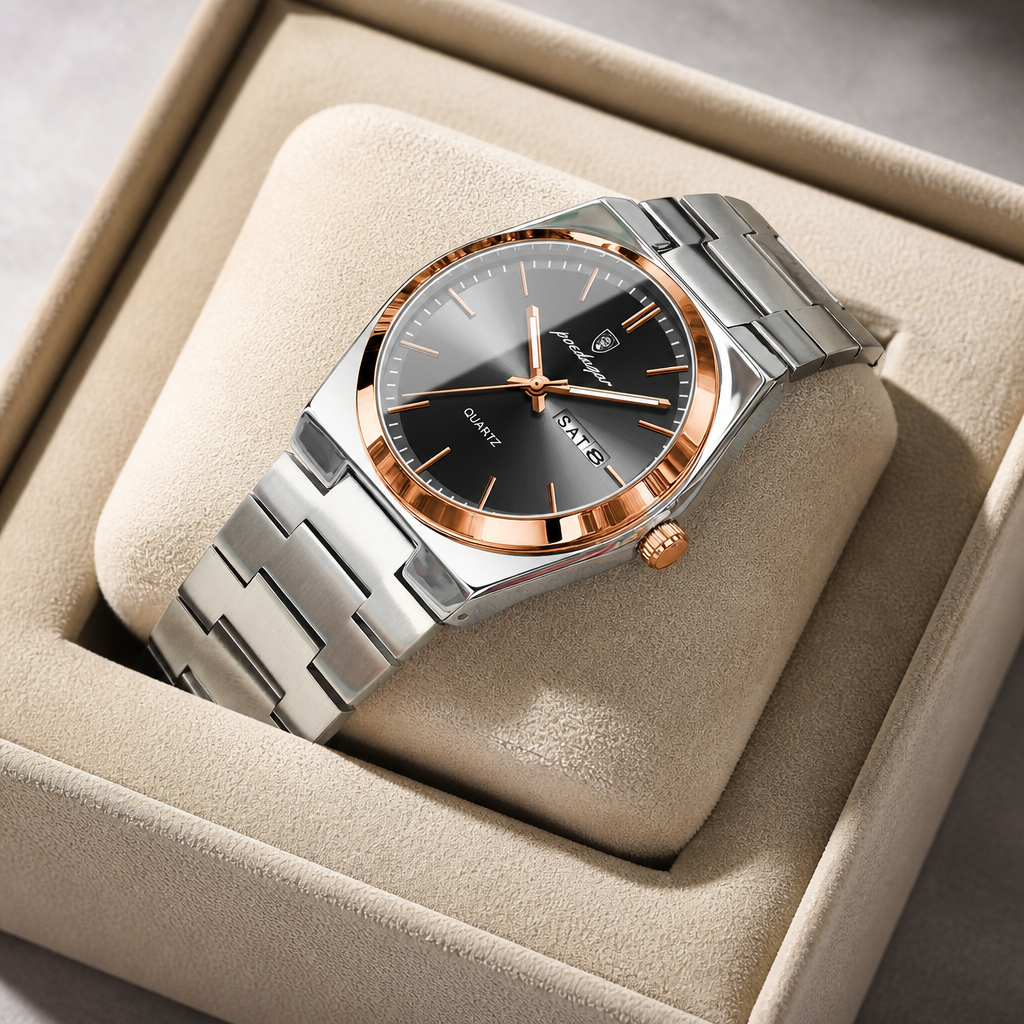 Montre homme bracelet acier lunette or rose dans son écrin en cuir beige