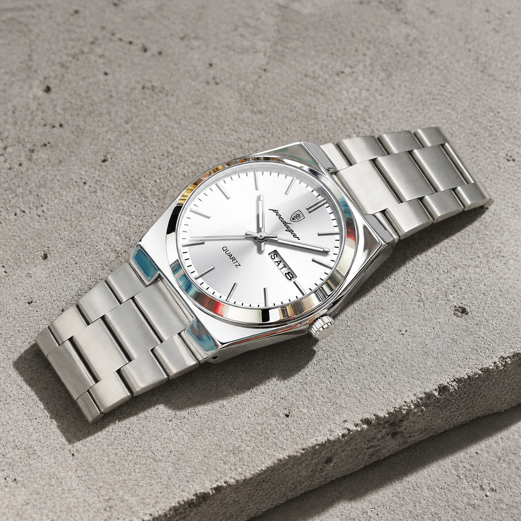 Montre homme bracelet acier argent, cadran blanc, guichet jour et date
