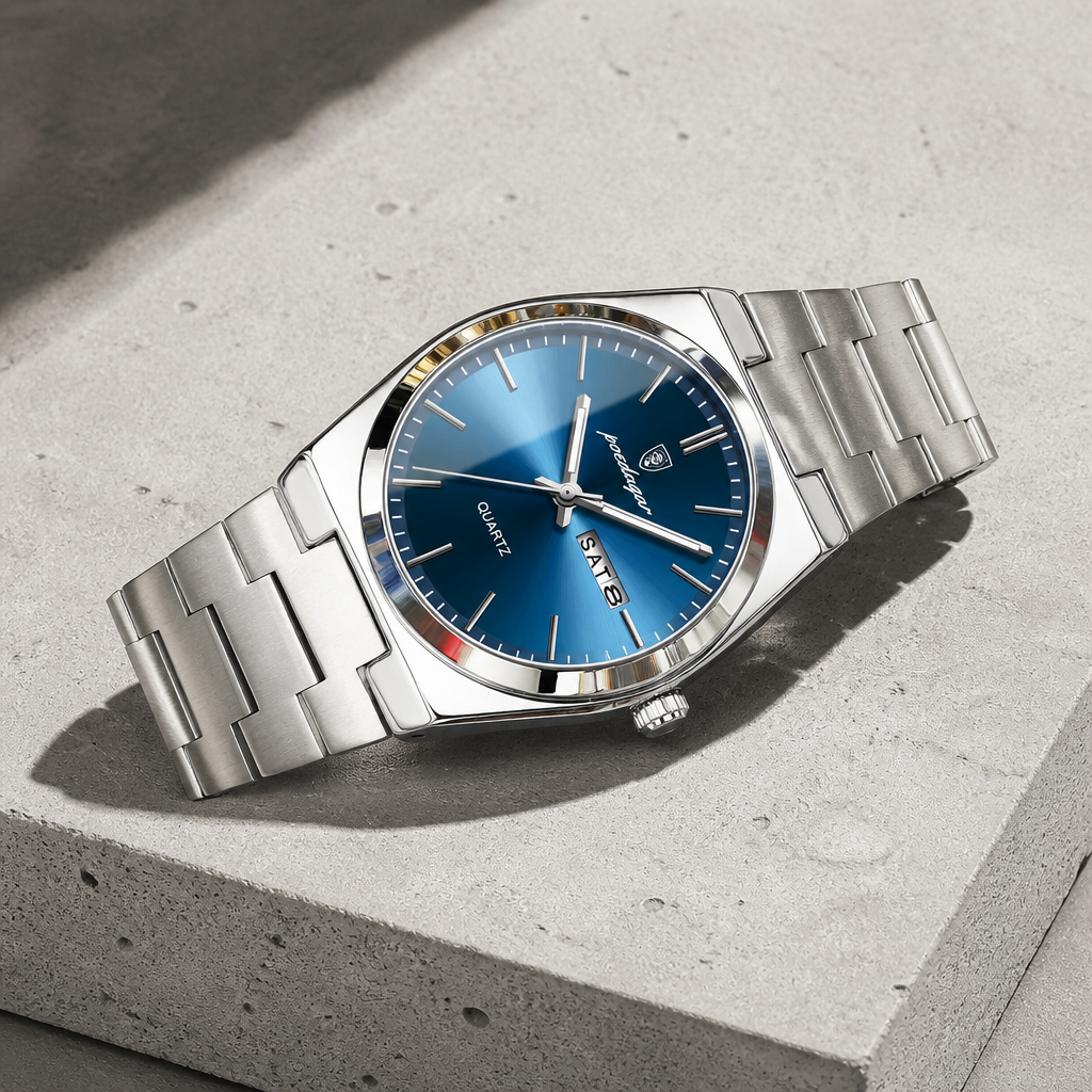 Montre homme bracelet acier argent, cadran bleu, guichet jour et date