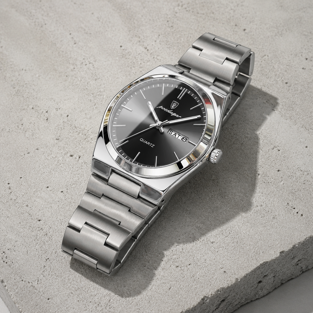 Montre homme bracelet acier argent, cadran noir, guichet jour et date