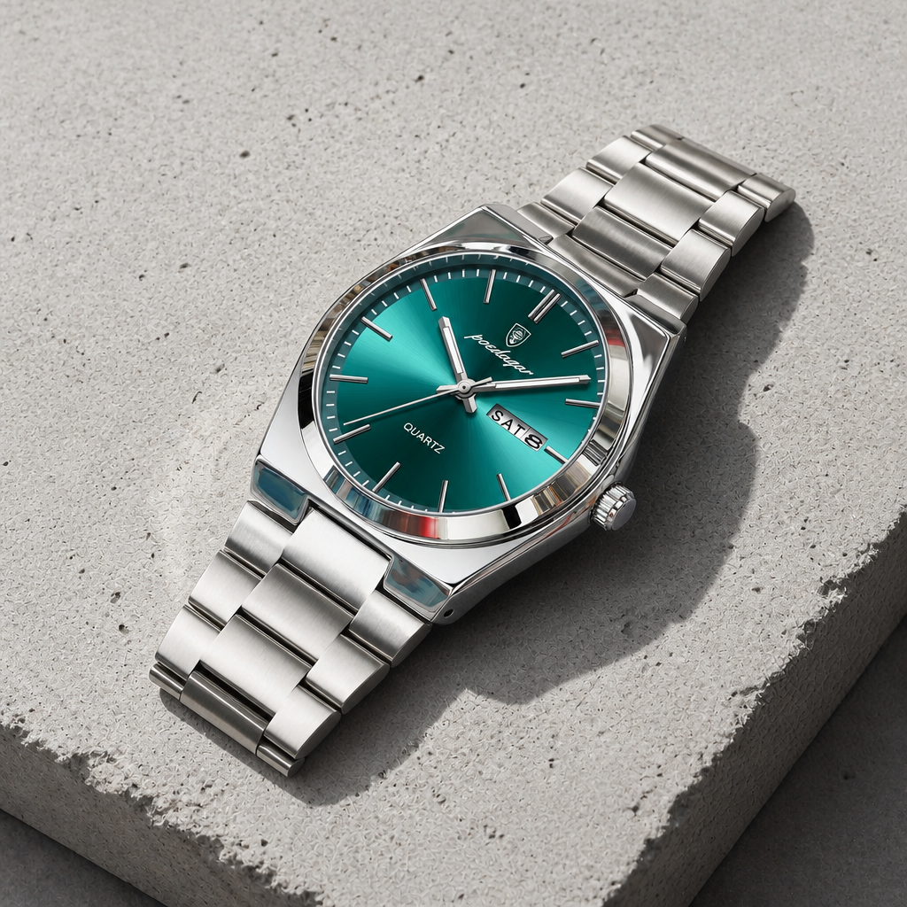 Montre homme bracelet acier argent, cadran vert, guichet jour et date