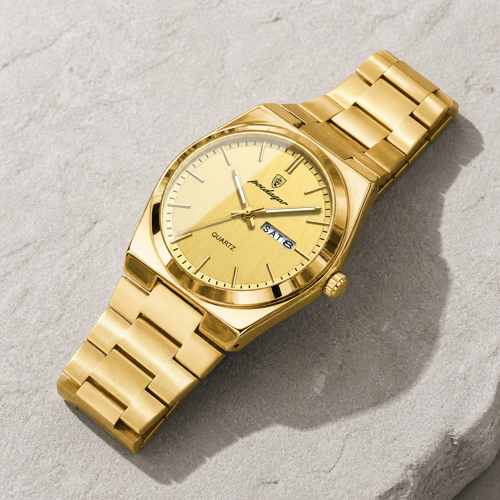 Montre homme bracelet acier doré, cadran or, guichet jour et date