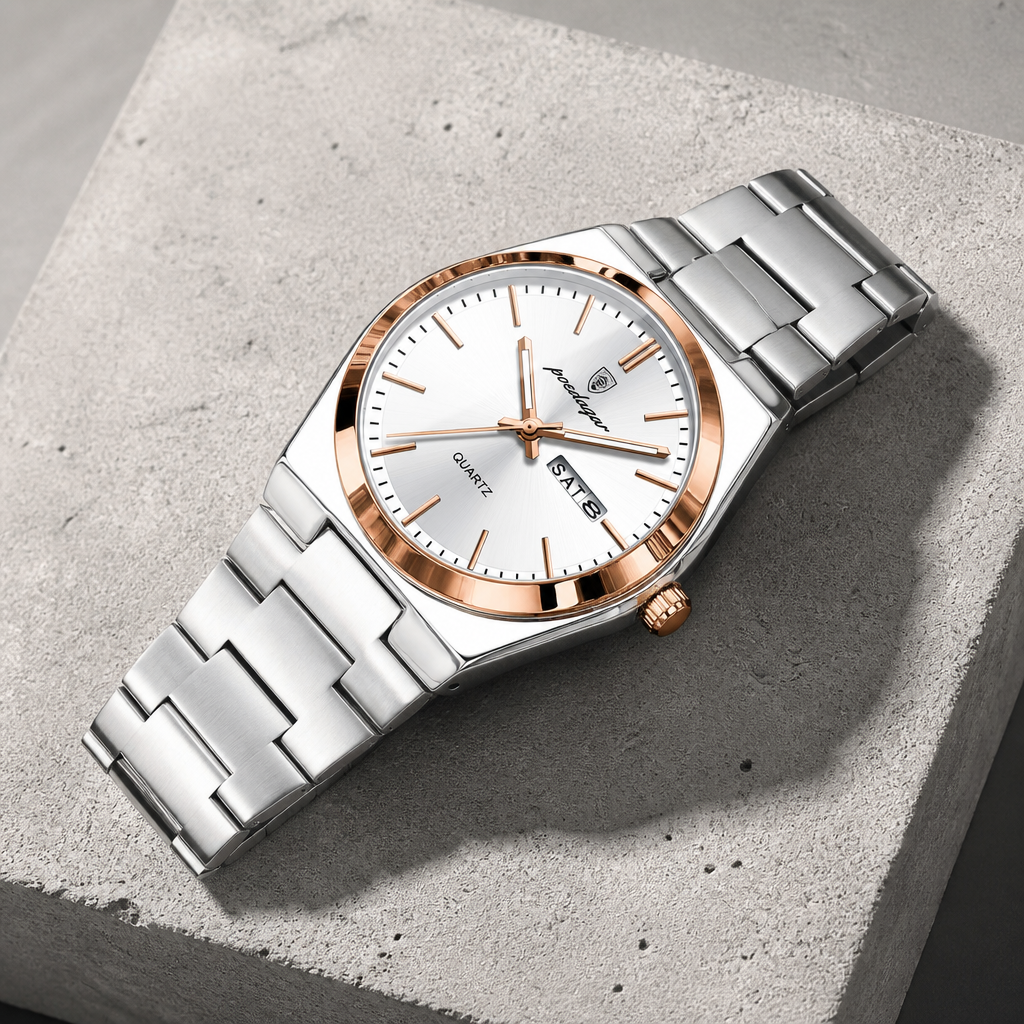 Montre homme bracelet acier lunette or rose, cadran blanc