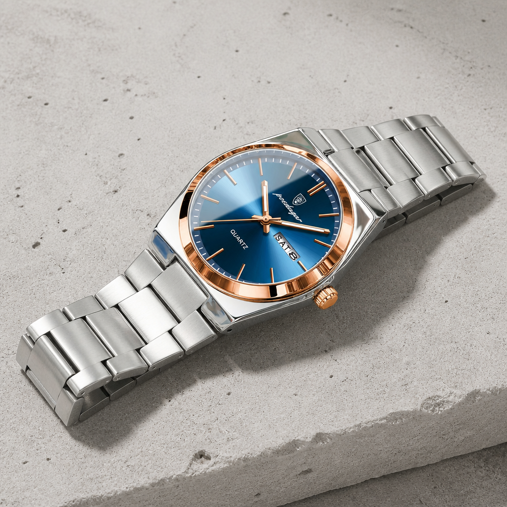 Montre homme bracelet acier lunette or rose, cadran bleu