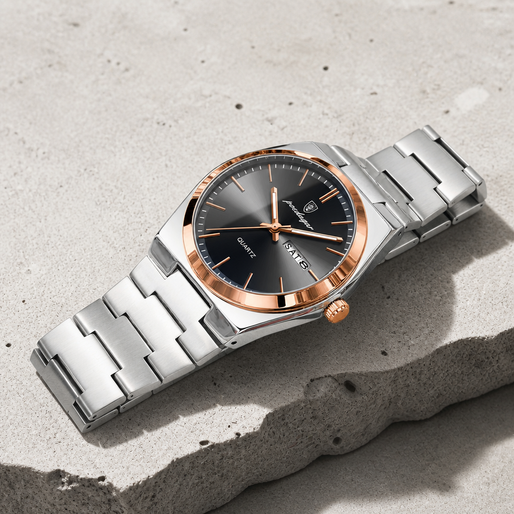Montre homme bracelet acier lunette or rose, cadran noir