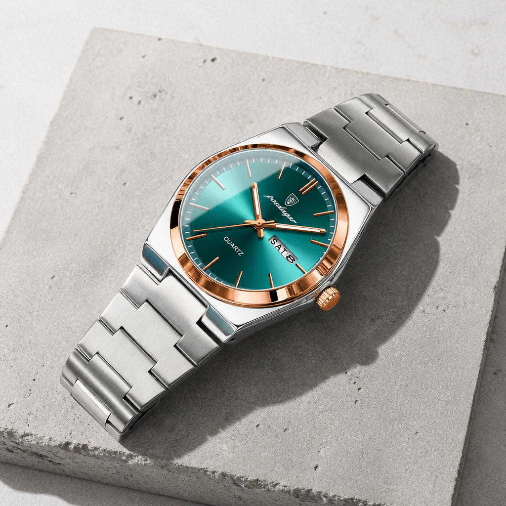 Montre homme bracelet acier lunette or rose, cadran vert