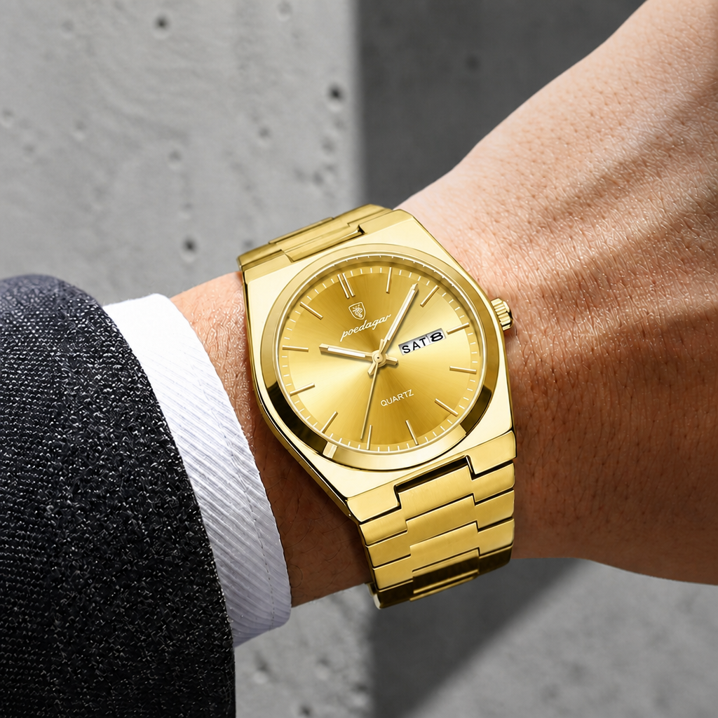 Montre homme bracelet acier doré portée au poignet
