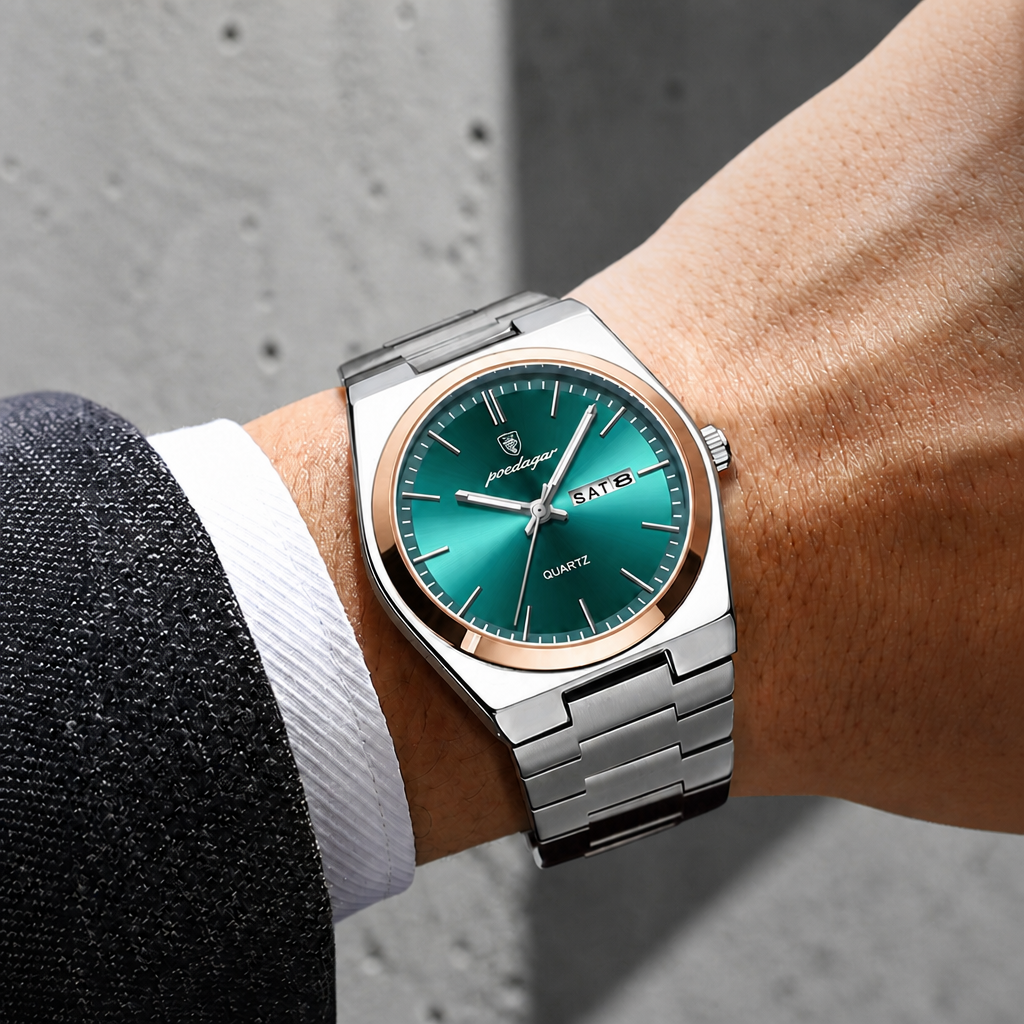 Montre homme bracelet acier lunette or rose portée au poignet