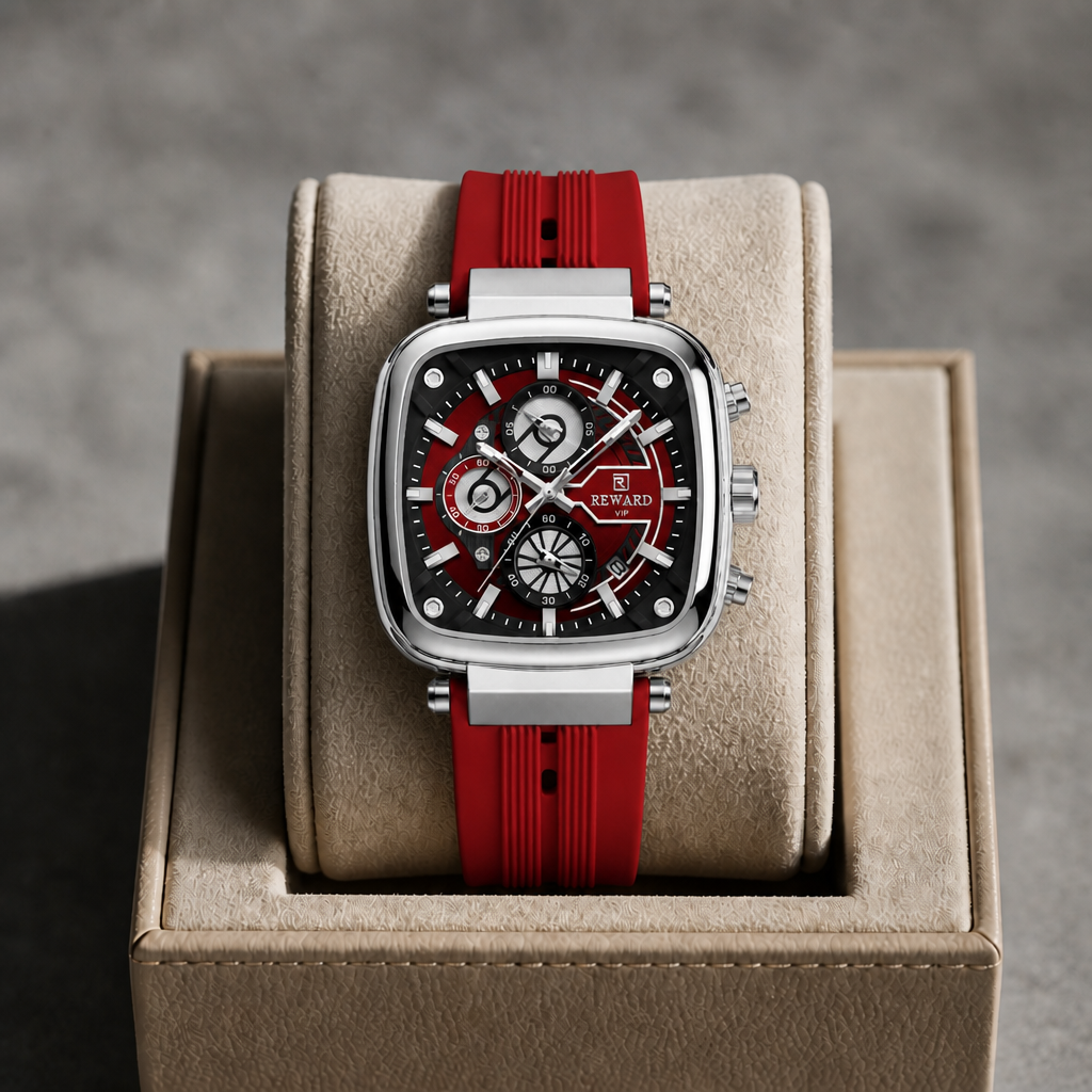 Montre homme rouge et argent posée dans un écrin en cuir beige