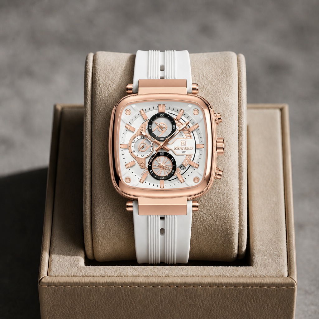 Montre homme or rose à bracelet silicone blanc posée dans un écrin en cuir beige