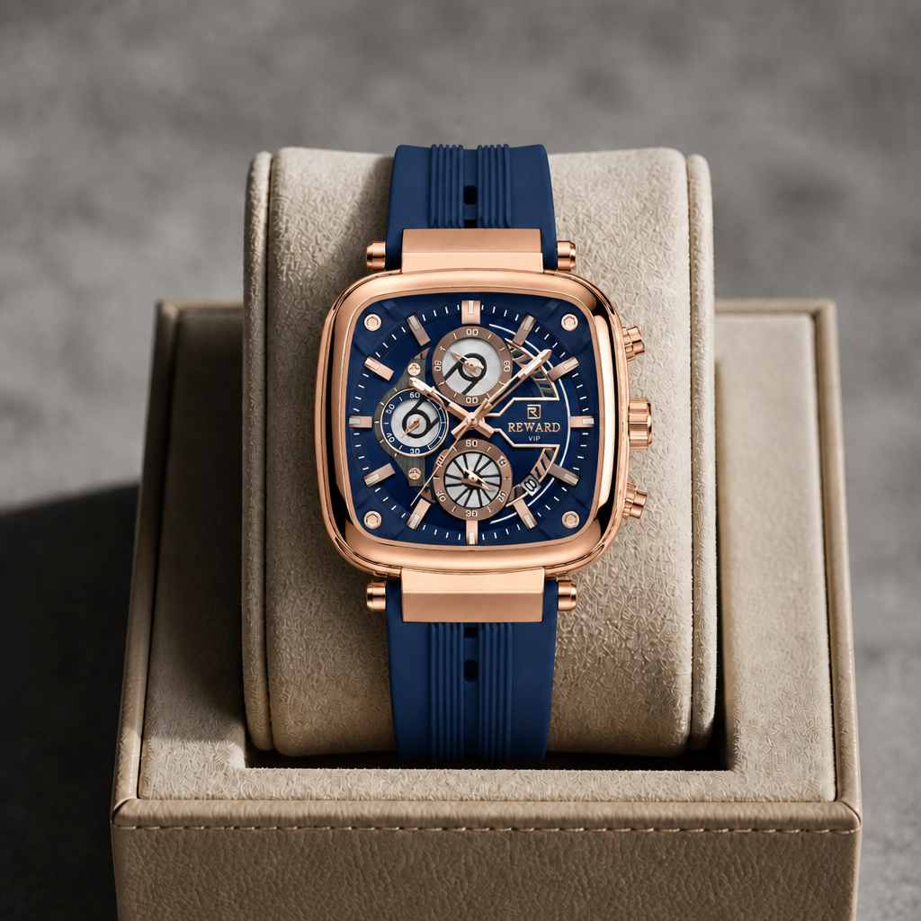 Montre homme cadran bleu et or rose posée dans un écrin en cuir beige