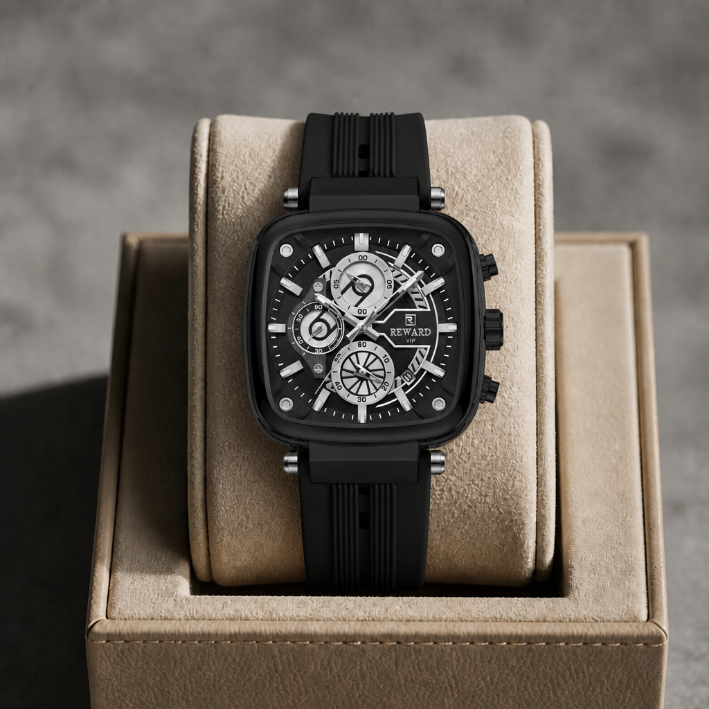 Montre homme noire à bracelet silicone posée dans un écrin en cuir beige