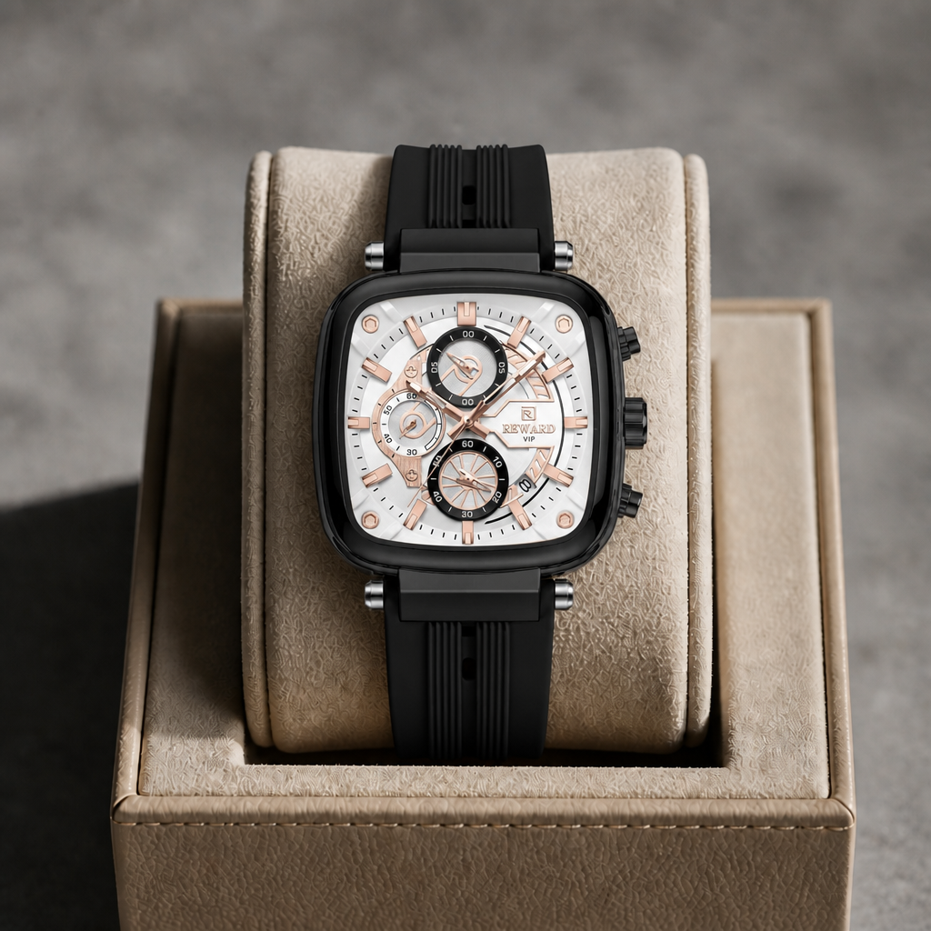 Montre homme cadran blanc et or rose à bracelet noir posée dans un écrin en cuir beige