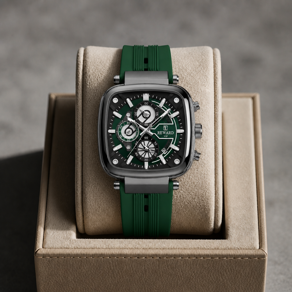 Montre homme bracelet silicone vert posée dans un écrin en cuir beige