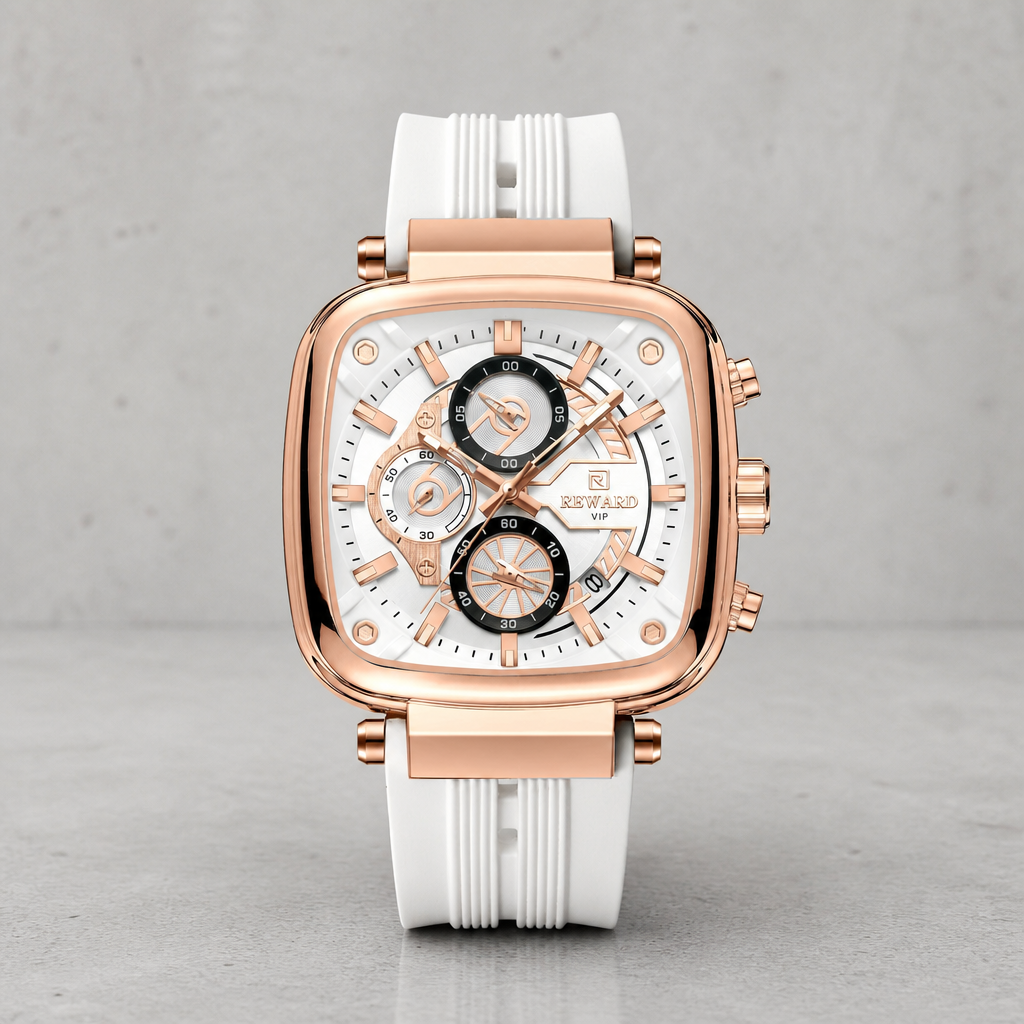 Montre homme boîtier or rose et bracelet silicone blanc sur fond de béton gris clair