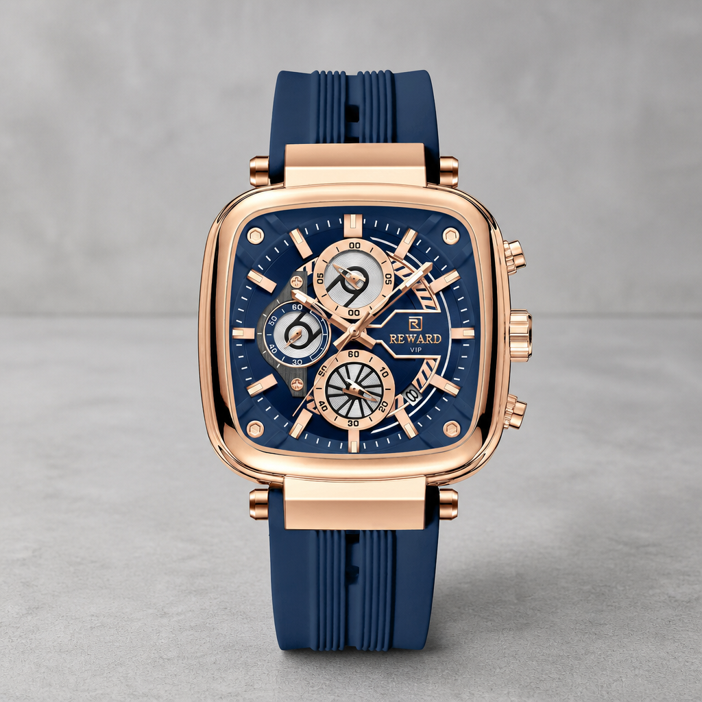 Montre homme cadran bleu et boîtier or rose, bracelet silicone bleu, sur fond de béton