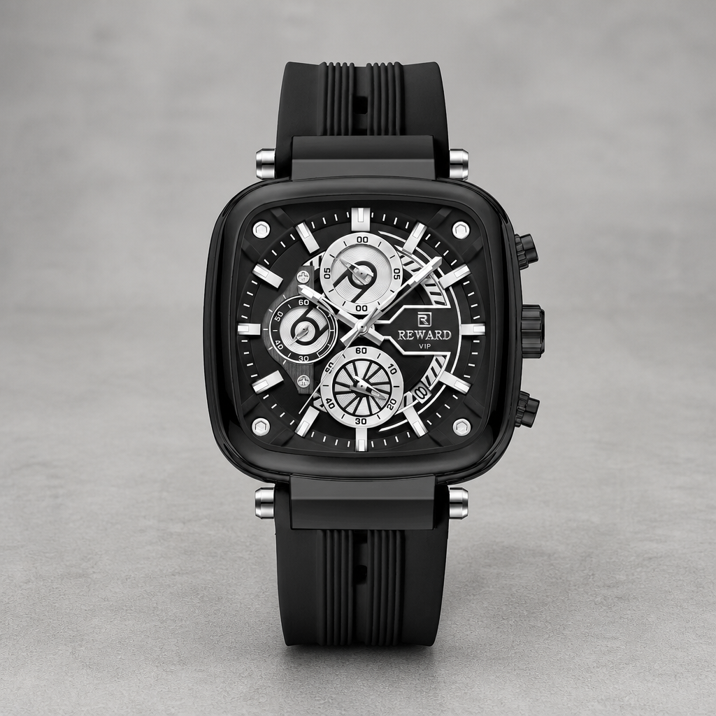 Montre homme chronographe noire à bracelet silicone sur fond de béton gris clair