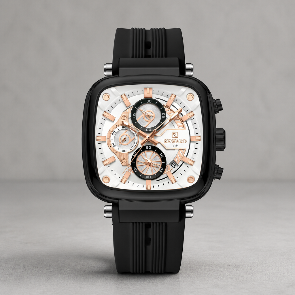Montre homme cadran blanc et index or rose, bracelet silicone noir, sur fond de béton