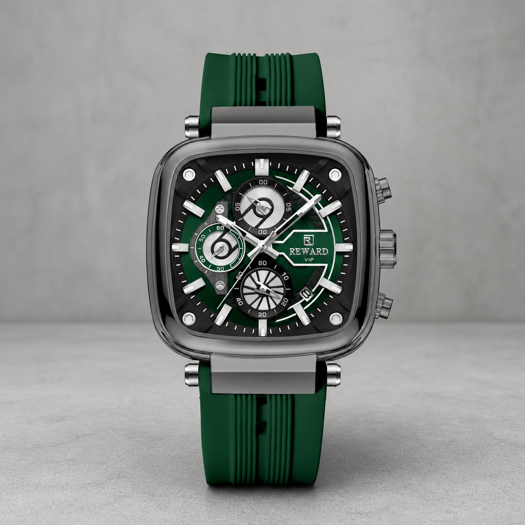 Montre homme chronographe bracelet silicone vert sur fond de béton gris clair