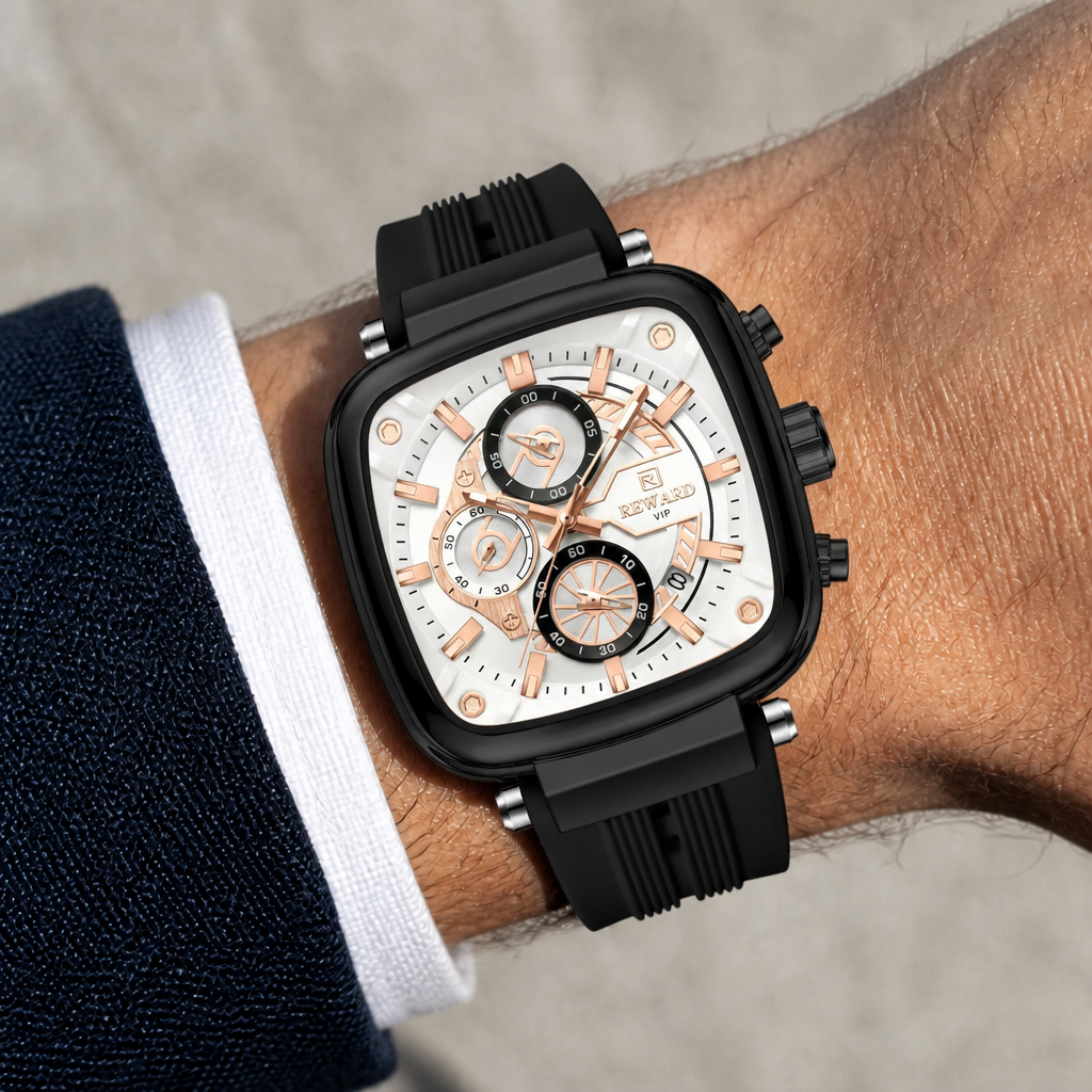 Montre homme cadran blanc et or rose à bracelet silicone noir portée au poignet