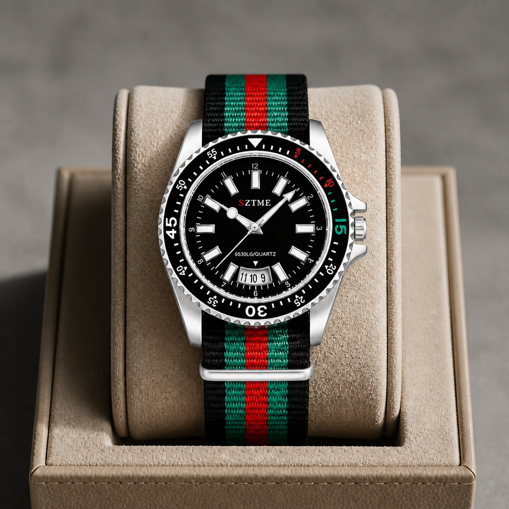 Montre à bracelet tissu, boîtier acier et cadran noir, dans son écrin en cuir beige