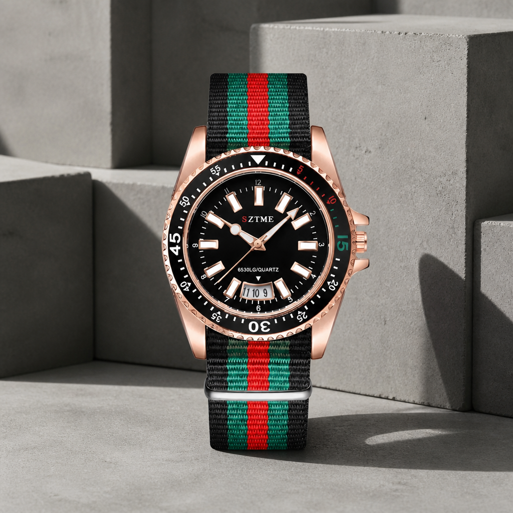 Montre homme bracelet tissu rayé, boîtier or rose et cadran noir