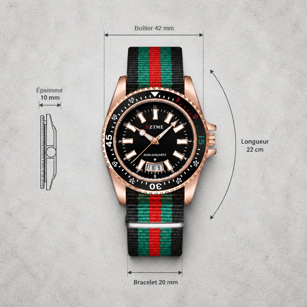 Plan de cotes de la montre : boîtier, épaisseur, largeur et longueur du bracelet