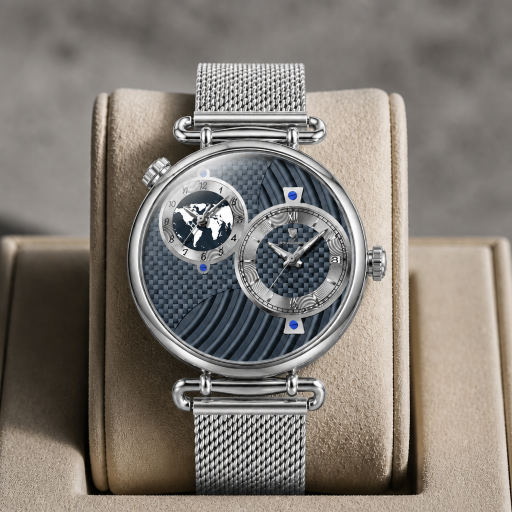 Montre à double fuseau acier et cadran bleu présentée dans son écrin en cuir beige