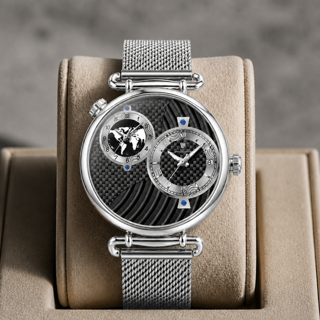 Montre à double fuseau acier et cadran noir présentée dans son écrin en cuir beige
