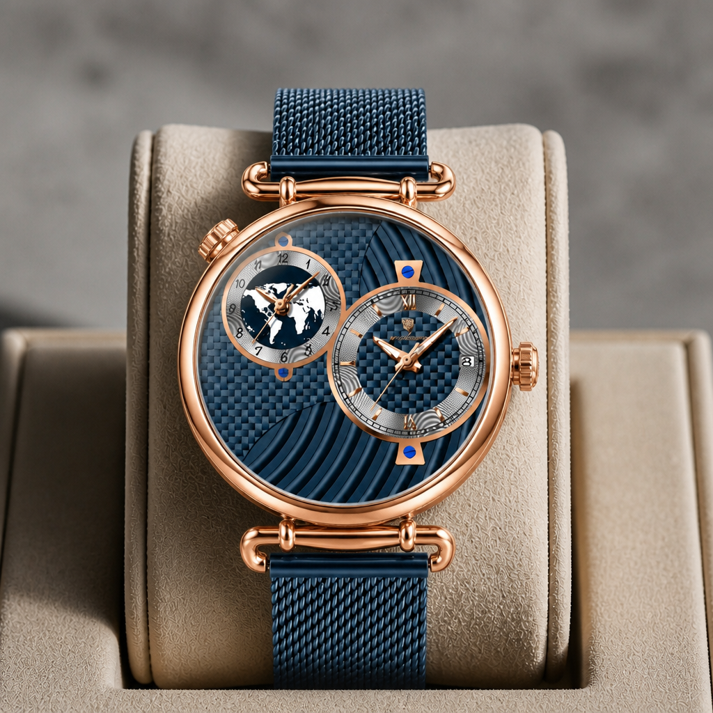 Montre à double fuseau bleue et or rose présentée dans son écrin en cuir beige