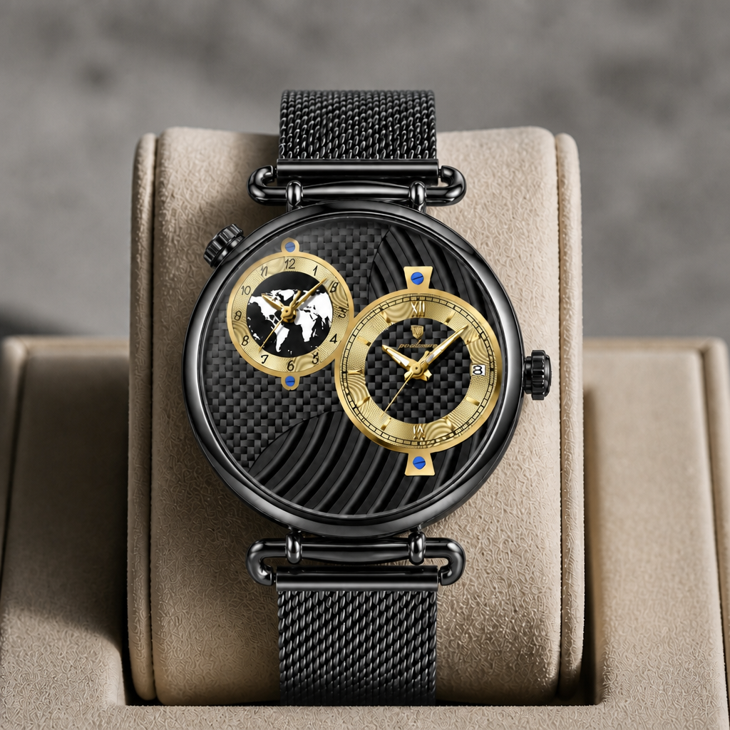 Montre à double fuseau noire et dorée présentée dans son écrin en cuir beige