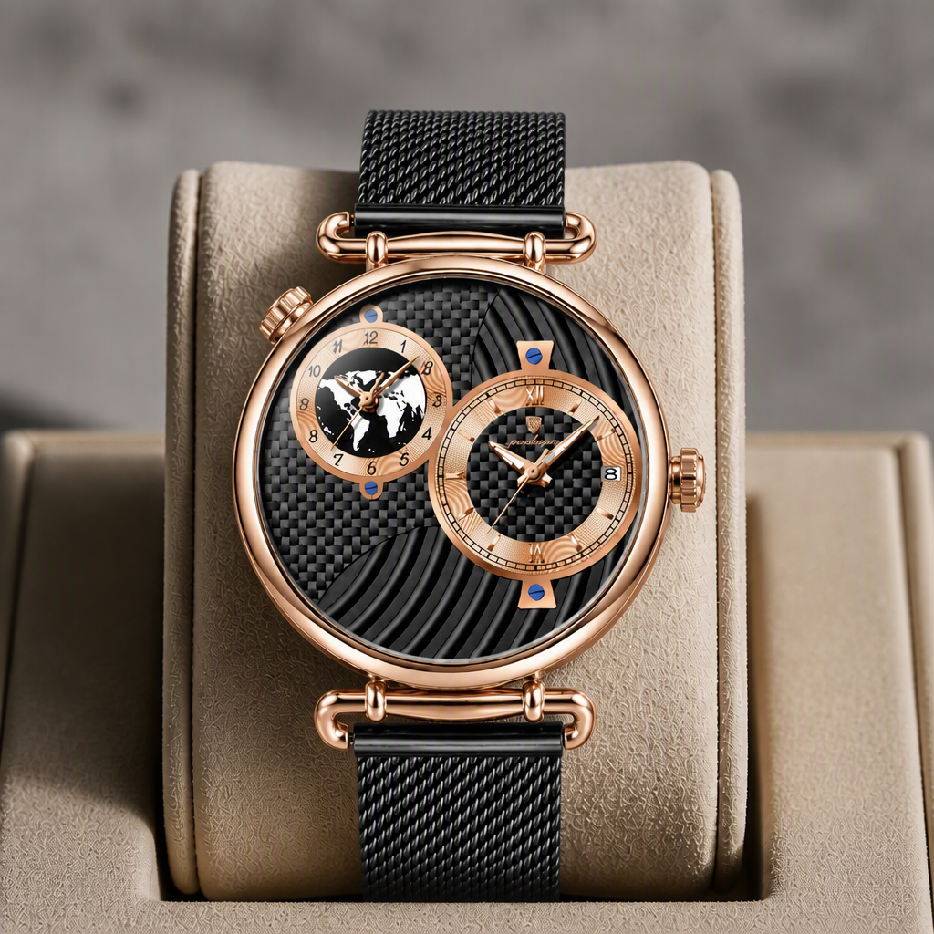 Montre à double fuseau noire et or rose présentée dans son écrin en cuir beige