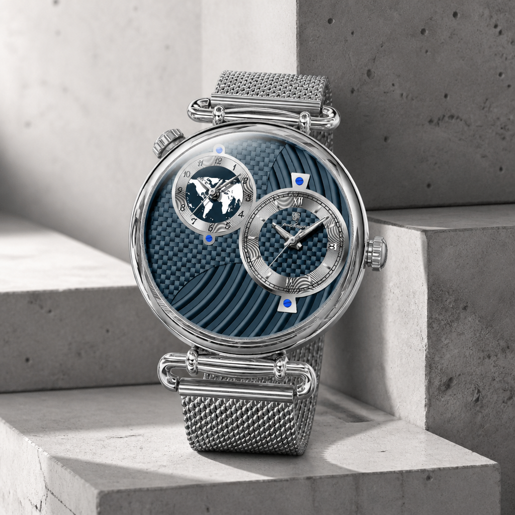 Montre homme bracelet milanais à double fuseau, cadran bleu et boîtier acier
