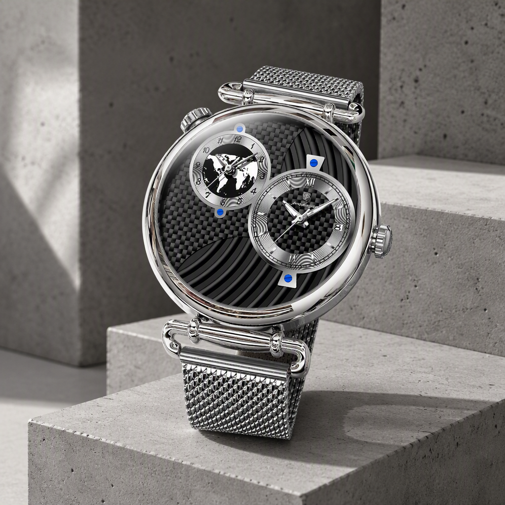 Montre homme bracelet milanais à double fuseau, cadran noir et boîtier acier