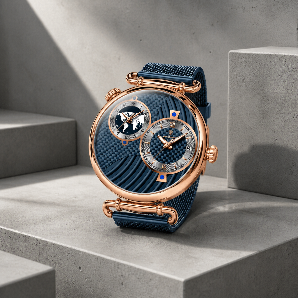 Montre homme bracelet milanais à double fuseau, cadran bleu et boîtier or rose